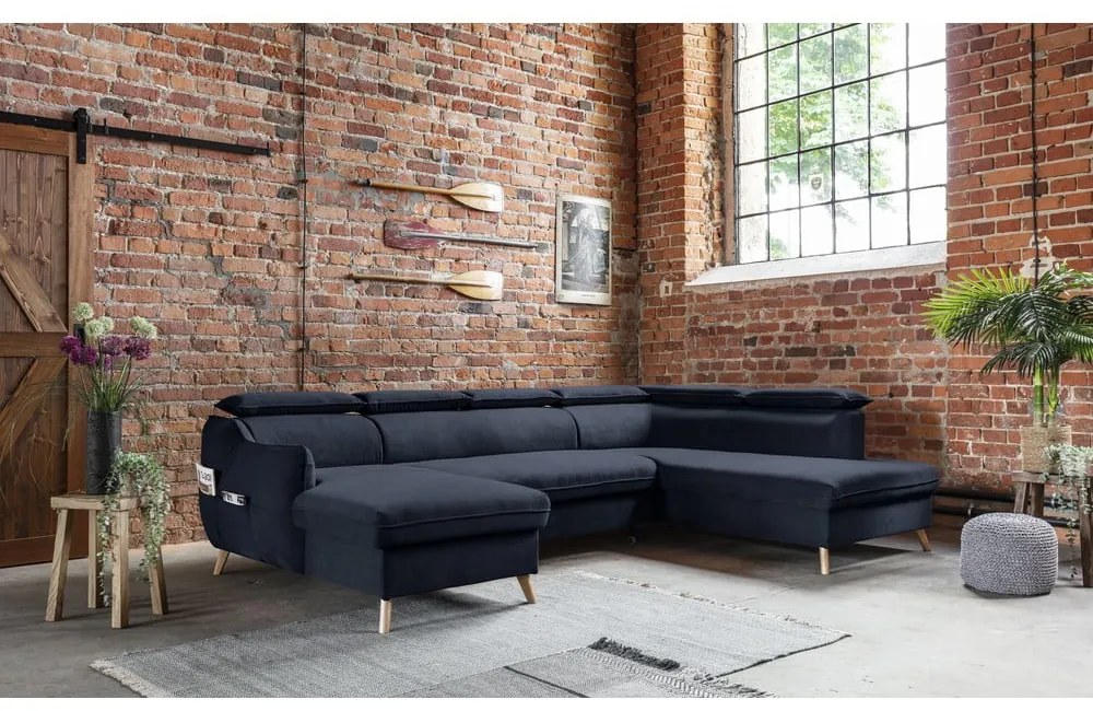 Тъмносин кадифен U-образен ъглов диван (десен ъгъл) Sweet Harmony - Miuform
