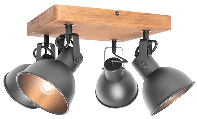 Индустриален прожектор черен с дърво наклоняем 4-светлина - Tommy