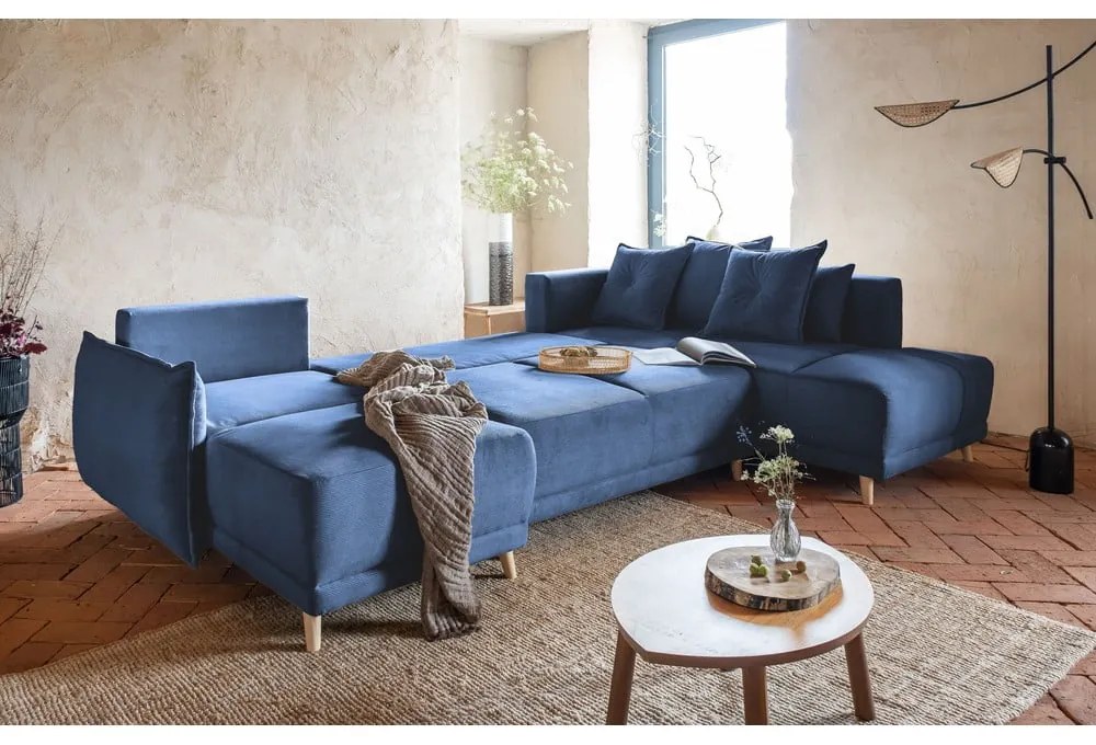 Тъмносин ъглов разтегателен диван от велур (десен ъгъл/U-образна форма) Lazy Lukka - Miuform