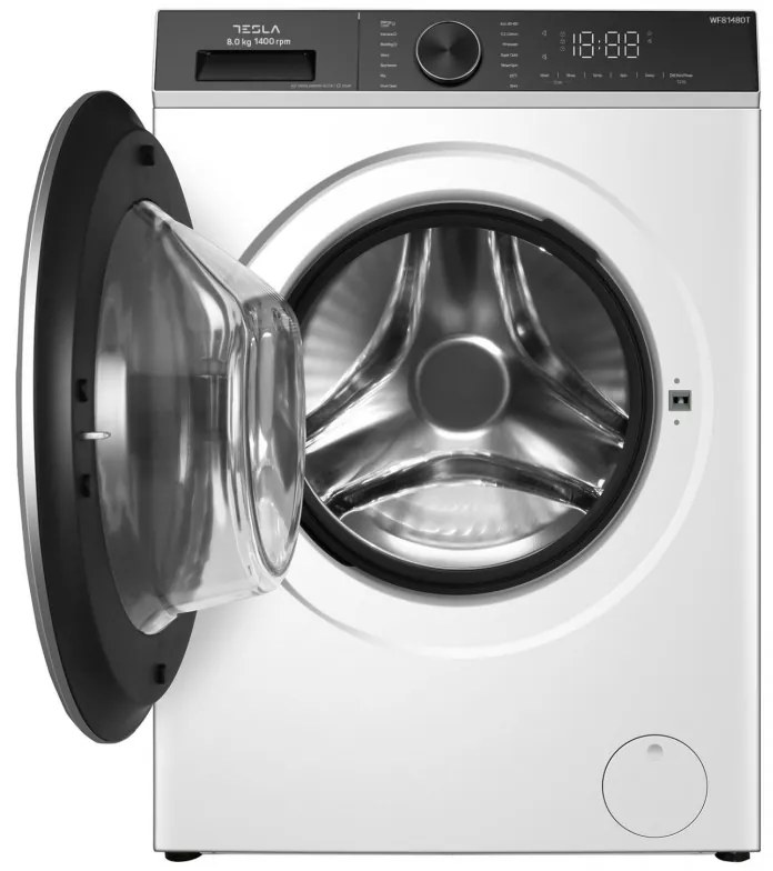 Пералня с предно зареждане Tesla WF81480T, 1900W, 8 кг, 1400об/мин, Инверторен мотор, Клас А, 14 програми, Бял/черен