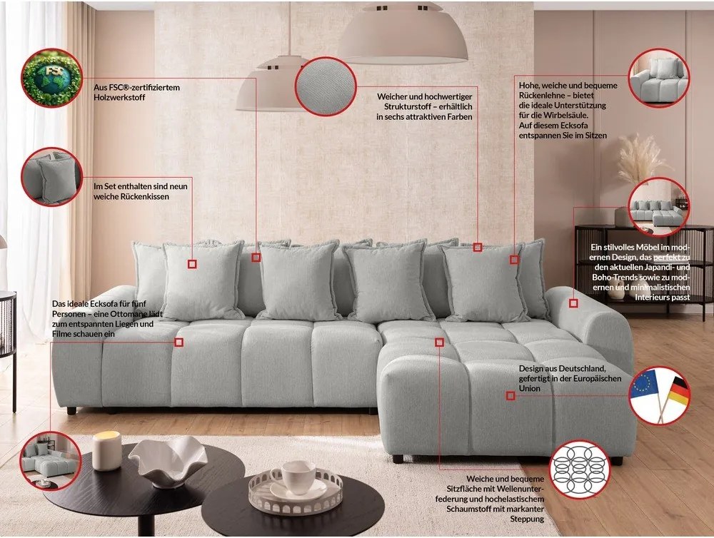 Светлосив ъглов диван (десен ъгъл) Albane – Ropez