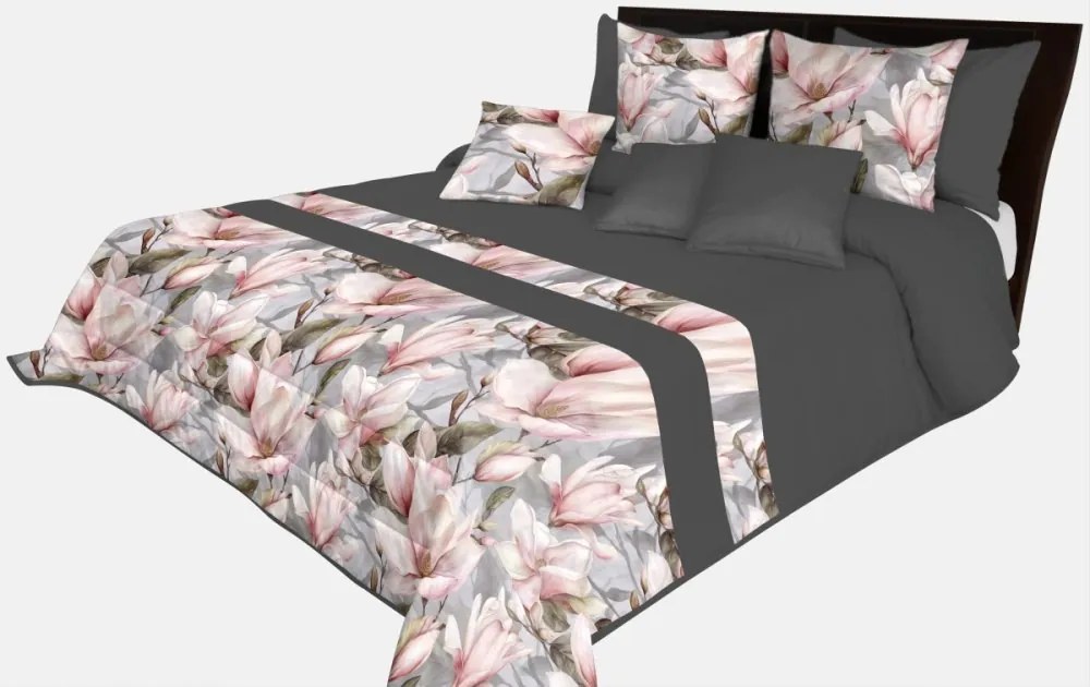 Покривка за легло в антрацит с деликатна шарка на божур Ширина: 240 см | Дължина: 260 см