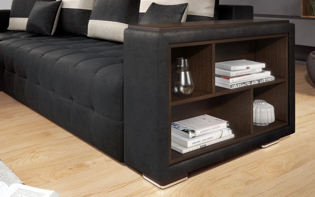 Разтегателен ъглов диван с подлакътник етажерка Мелвин