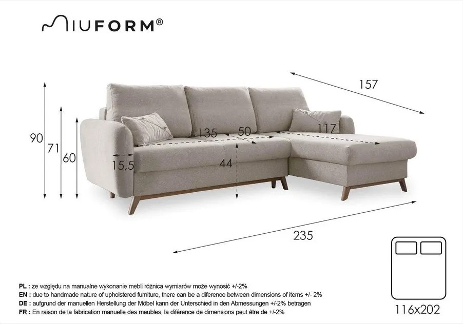 Светлосив ъглов разтегателен диван, десен ъгъл Scandic Lagom - Miuform