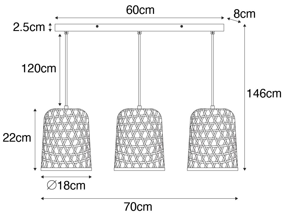Ориенталски окачен аплик черен с бамбук 3-светлина - Rayan