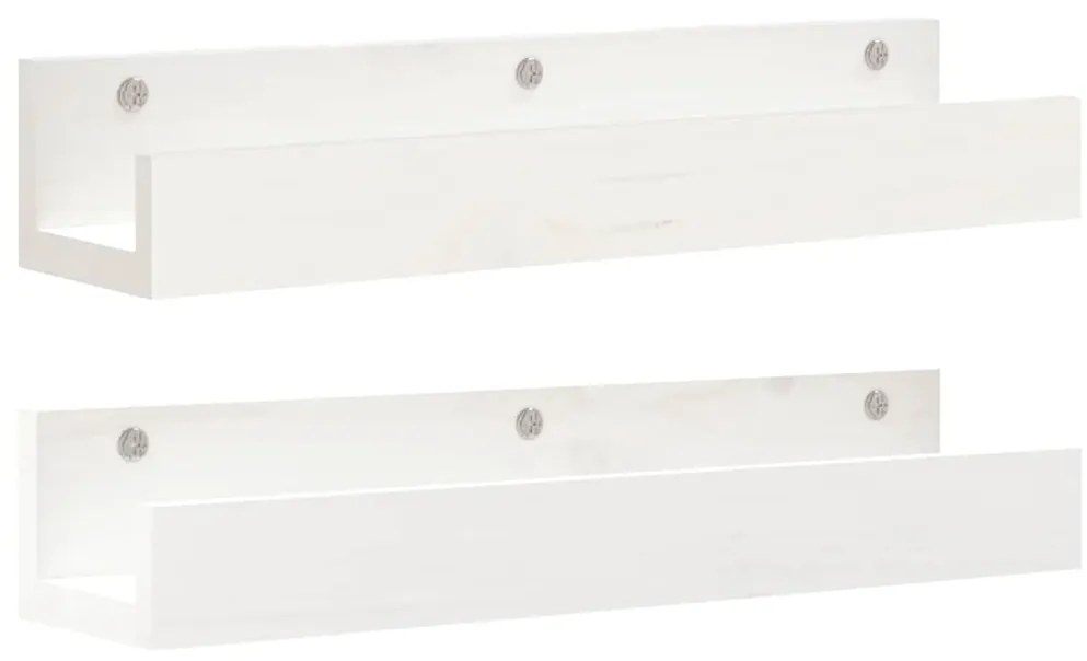 823585 vidaXL Стенни рафтове 2 бр бели 50x12x9 см масивно борово дърво