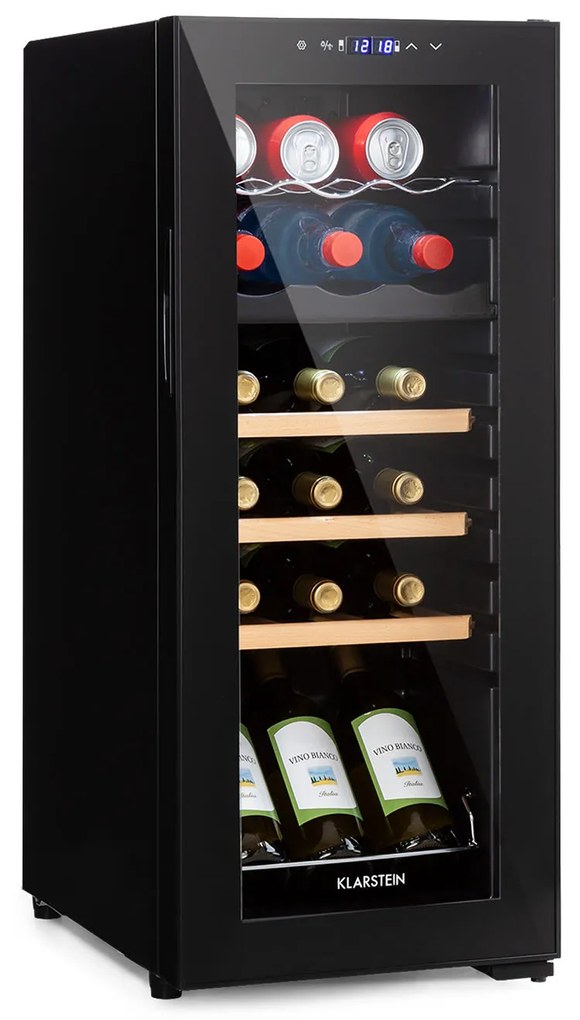 Klarstein Bovella 18 Duo+, двузонов охладител за вино, 50 л, 18 бутилки, стъклена врата