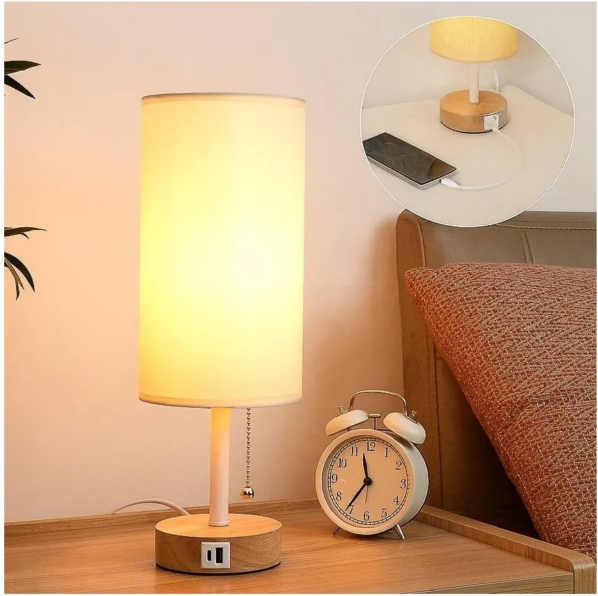 Brilagi - Настолна лампа с USB порт TABLON 1xE27/25W/230V дъб/бял/крем