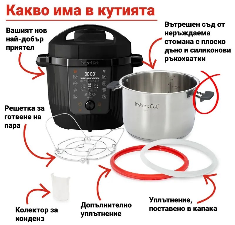 Мултикукър Instant Pot Pro Max 60 WiFi, 1200W, 5.7 л, 10 програми, Nutriboost, WiFi управление, LCD дисплей, Неръждаема стомана, Черен