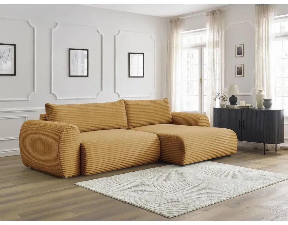 Разтегателен ъглов диван от рипсено кадифе в цвят горчица (десен ъгъл) Lucien – Bobochic Paris