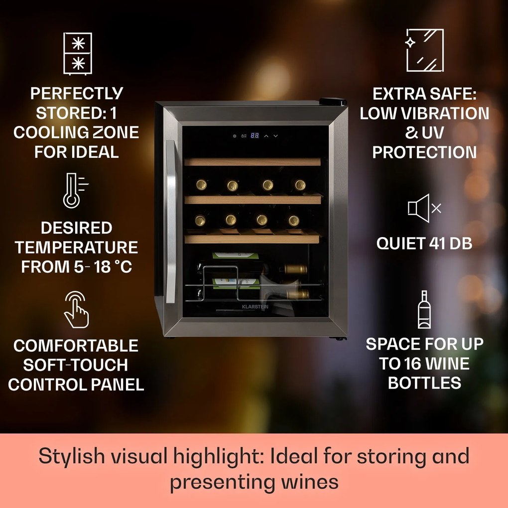 Klarstein Vinamour 16 Uno, шкаф за вино, 16 бутилки /42 литра, 5-18°C, 41 dB, стъкло