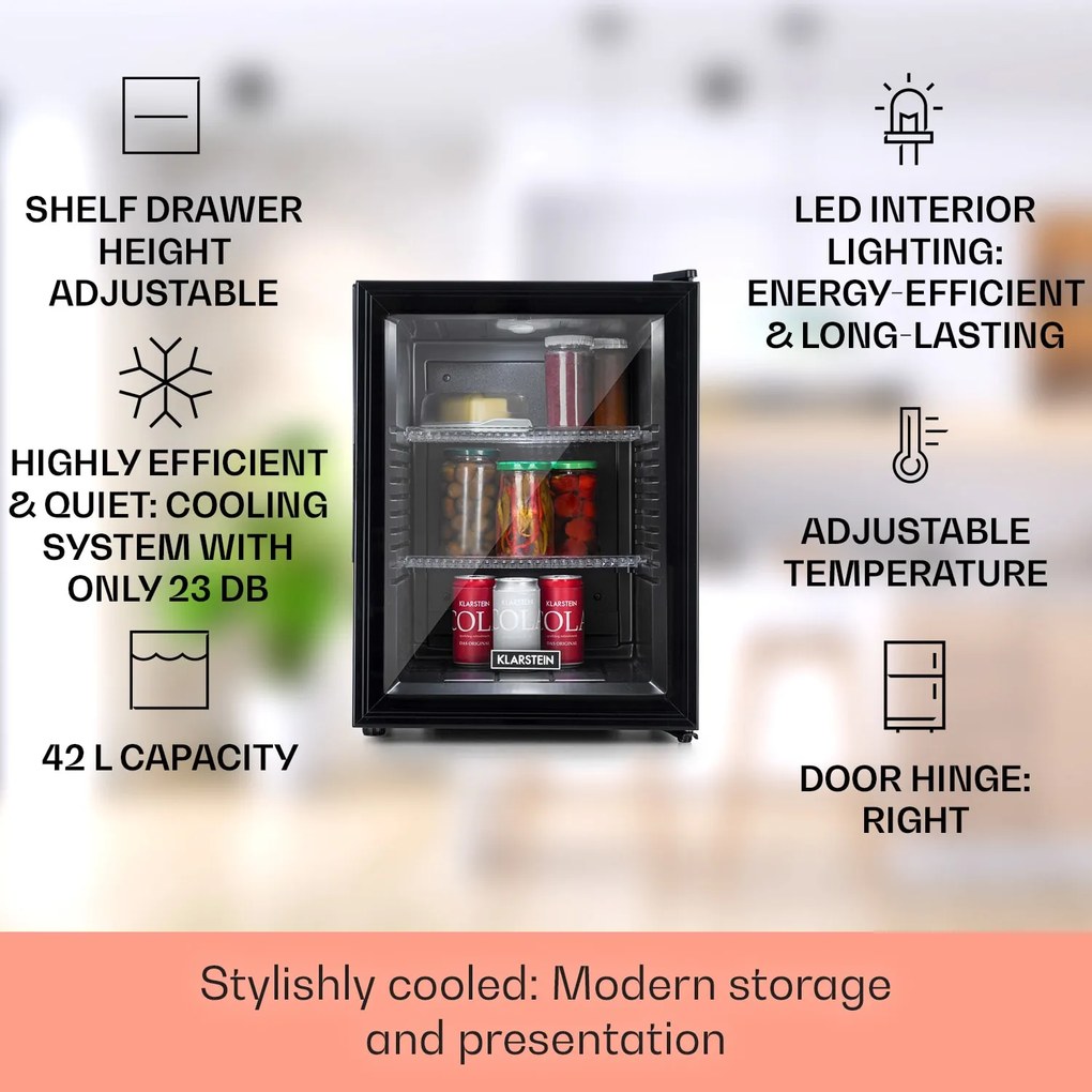 Klarstein Brooklyn 42, мини хладилник, със стъклена врата, LED осветление, рафтове