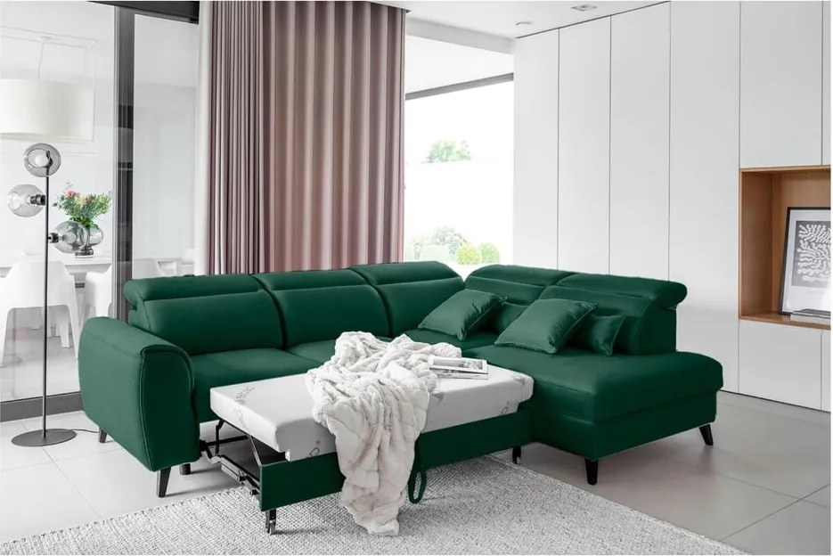 Зелен кадифен разтегателен ъглов диван с място за съхранение (десен ъгъл L форма) Noble – ELTAP