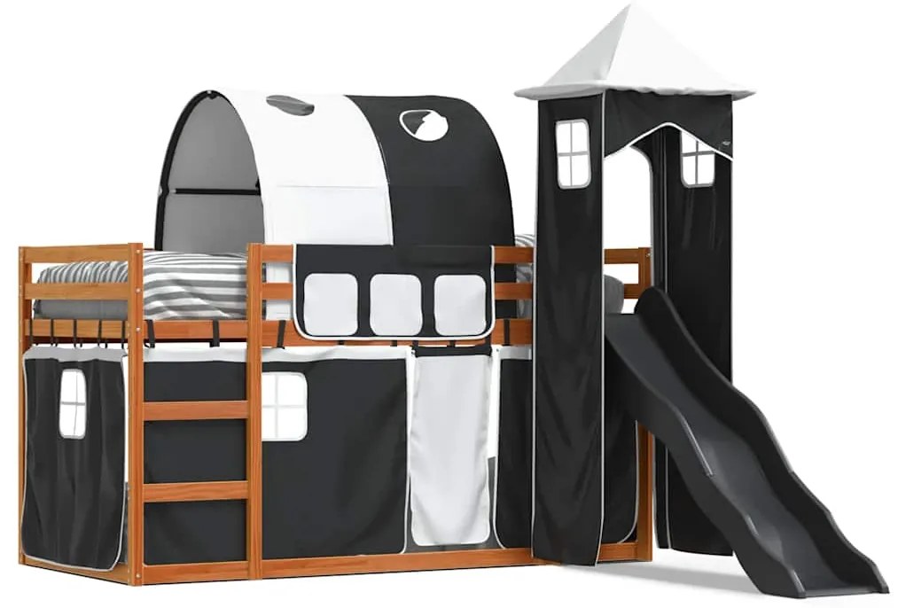 3284167 vidaXL Двуетажно легло с пързалка и завеси, бяло и черно, 90x200 см