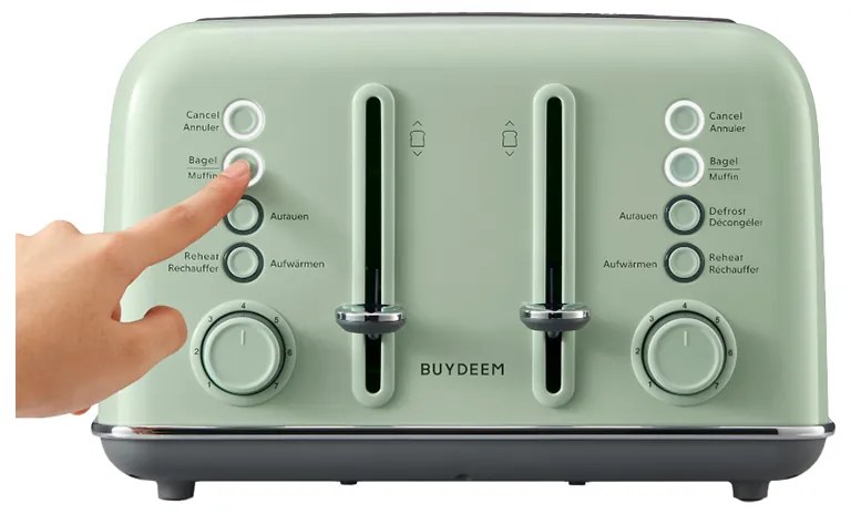 Тостер за хляб BUYDEEM DT640E, 1800W, 4 слота, 7 автоматични програми, 7 степени на препичане, LED индикатори, Тави за трохички, Високо изскачане, Зелен