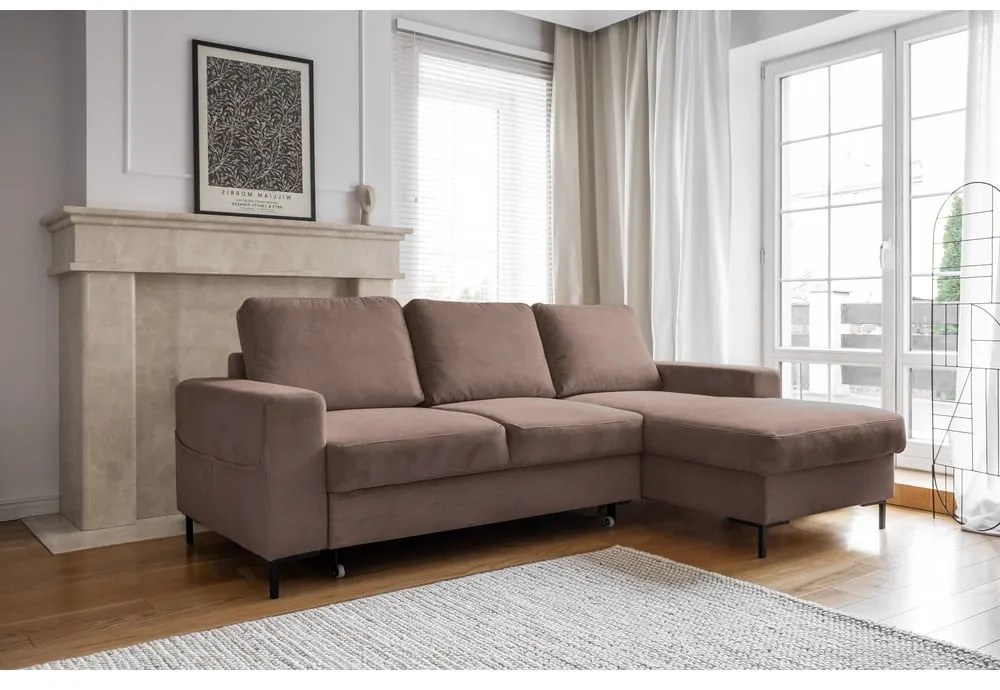 Кафяв разтегателен ъглов диван от рипсено кадифе (десен ъгъл) Lofty Lilly – Miuform