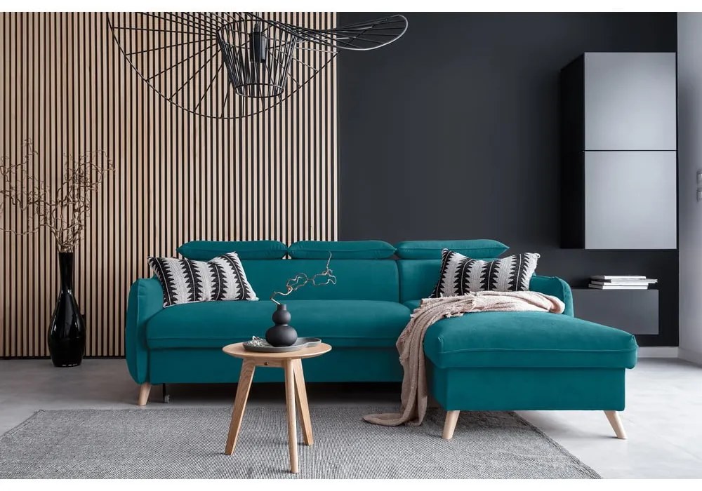 Ъглов разтегателен диван от тюркоазено кадифе (десен ъгъл) Sweet Harmony - Miuform