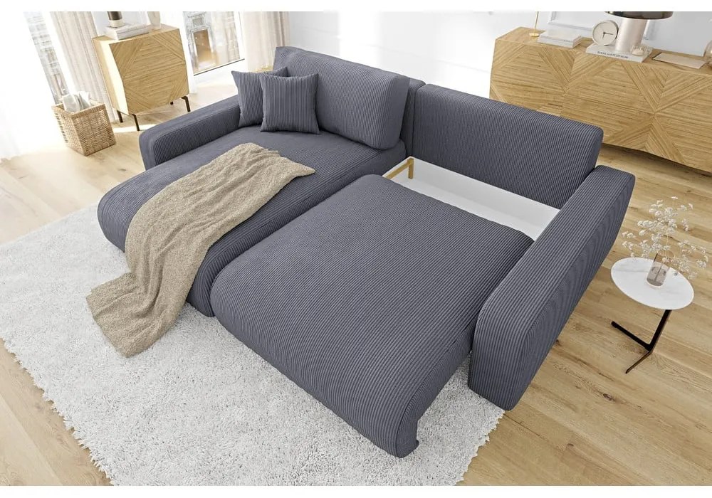 Тъмносив разтегателен ъглов диван от рипсено кадифе (променлив) Sara – Ropez