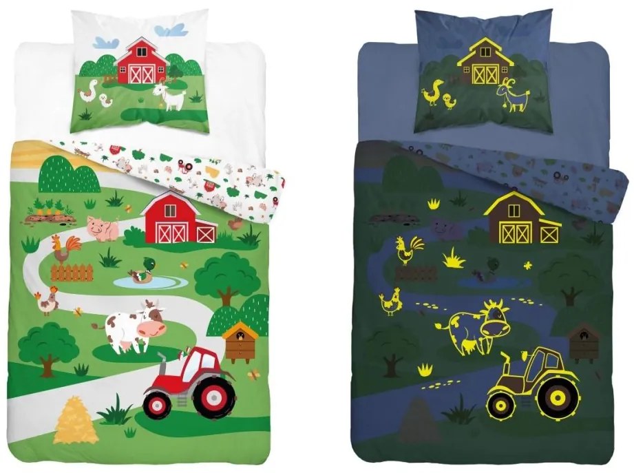 Детско памучно спално бельо, светещо в тъмното - Животни във фермата Ширина: 140 см | Дължина: 200 см