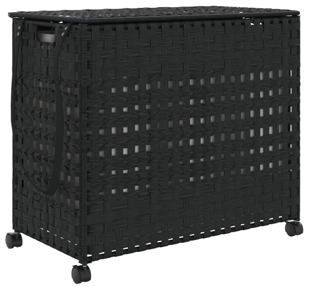 372047 vidaXL Кош за пране с колела, черен, 66x35x60 см, ратан