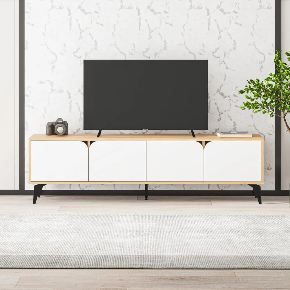 Масичка за телевизор с дъбов декор в бял и естествен цвят 180x51 cm Nola - Marckeric