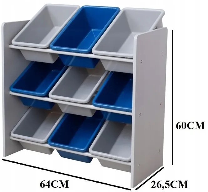 Рафт за детски играчки с 9 пластмасови кутии - синьо-сив