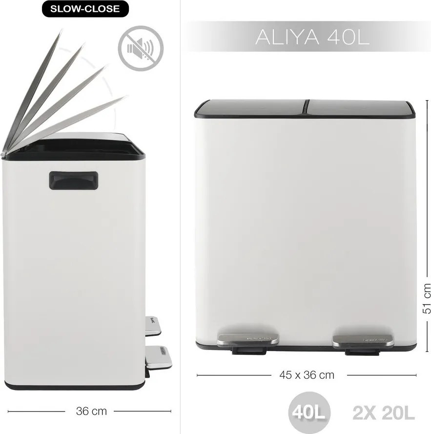 Стоманено кошче за боклук 2x20 l за рециклиране с педал в матово бял цвят Aliya – Spirella