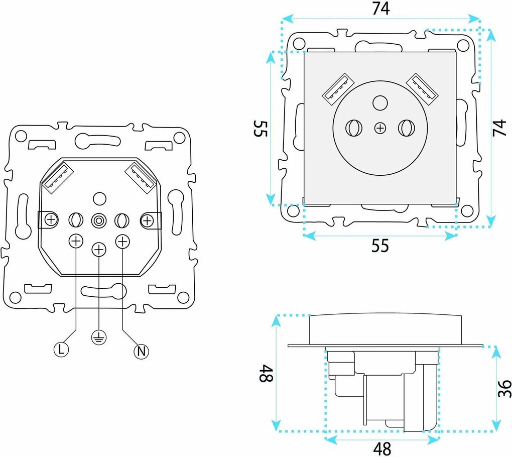 Единичен контакт със заземяване + 2x USB-A OSTE JNH003-G Grey