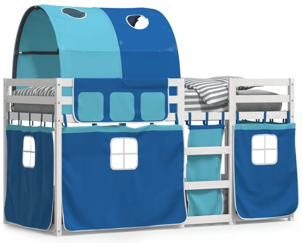 3284031 vidaXL Двуетажно легло със завеси синьо 90x190 см масивно борово дърво