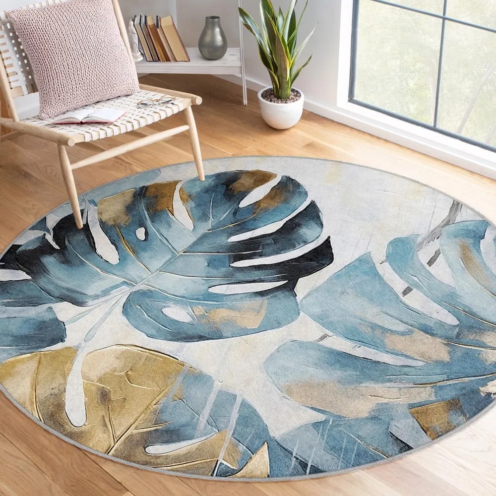 Син кръгъл килим подходящ за пране ø 80 cm Golden Leaves – Mila Home
