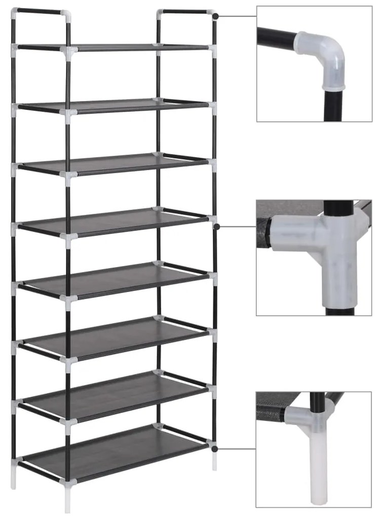 245629 vidaXL Стелаж за обувки с 8 рафта, метал и нетъкан текстил, черен