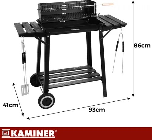 Градинска скара на дървени въглища с шиш, горна решетка и рафтове