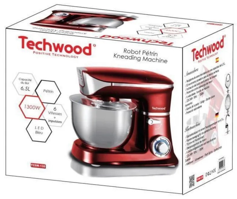 Планетарен миксер Techwood TCDR-135, 1300W, 6.5 литра, 6 скорости + Pulse, 3 приставки, Червен металик
