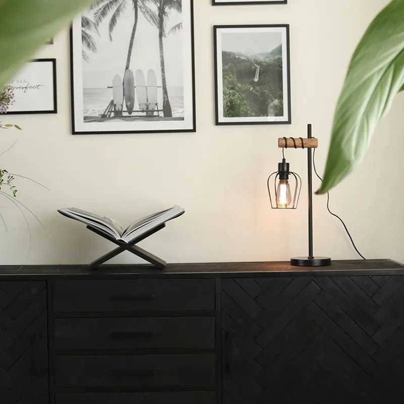 Ръстична настолна лампа черна с дърво - Stronk
