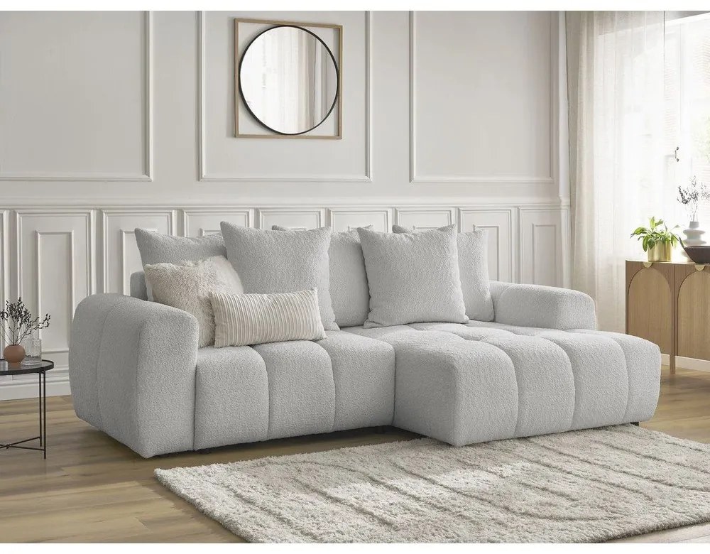 Светлосив сгъваем/с място за съхранение ъглов диван от прежда с примки от букле (десен ъгъл) Roxelane – Bobochic Paris