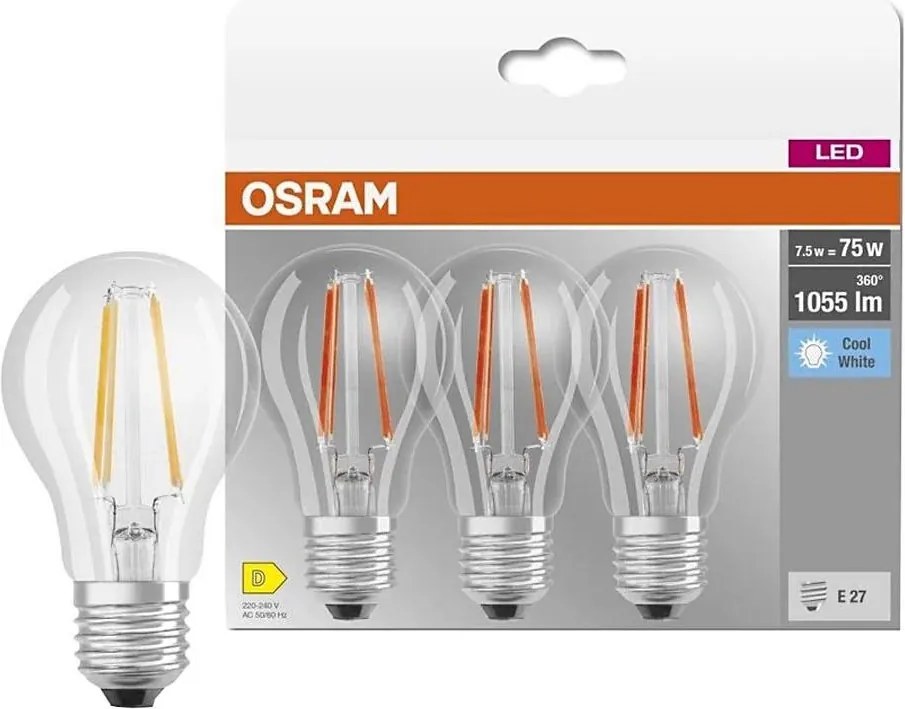 Комплект 3 бр. LED крушки BASE CLASSIC FILAMENT A60 E27/7,5W/230V 4000K - Osram