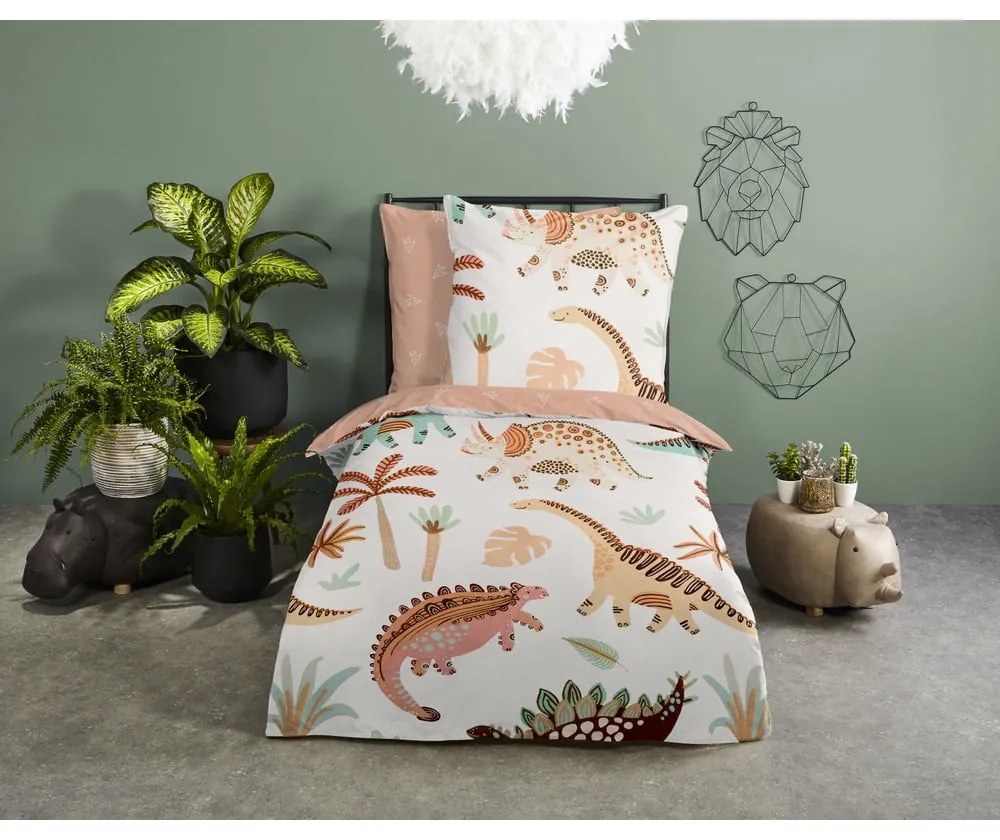 Кафяво-бежово единично памучно детско спално бельо 140x200 cm Dino – Good Morning