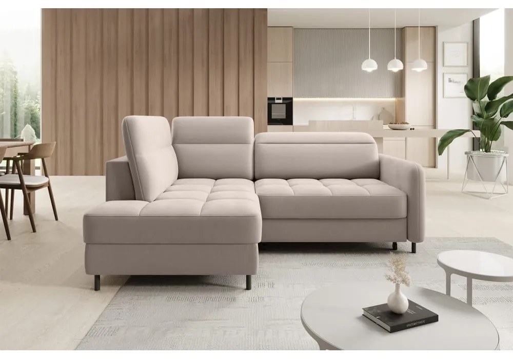 Светлокафяв кадифен сгъваем/с място за съхранение ъглов диван (ляв ъгъл/L форма) Barea – ELTAP