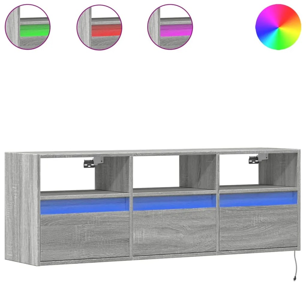 852346 vidaXL Стенен ТВ шкаф с LED осветление, сив сонома, 130x31x45 см