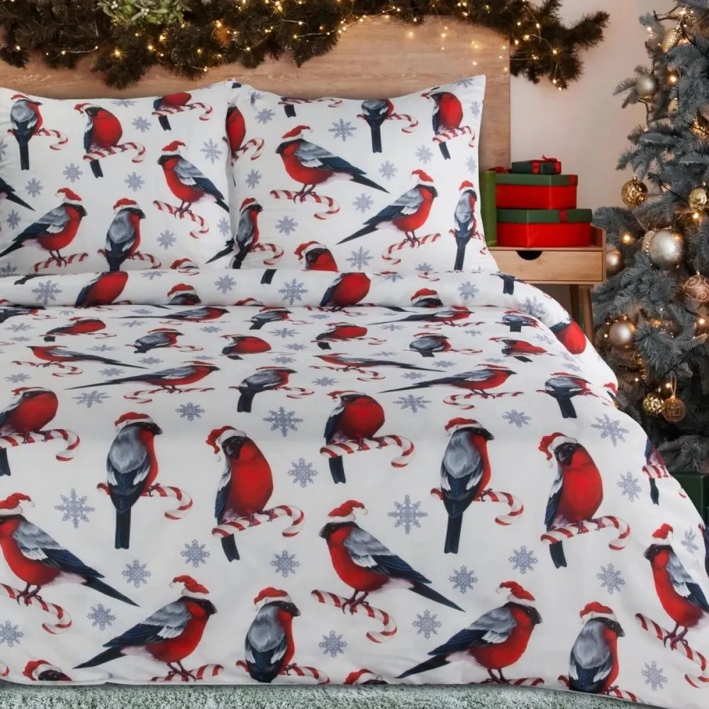 Коледни чаршафи от микрофибър - бяло-червени с птички и зимен десен 3 časti: 1ks 220x200 + 2ks 70x80