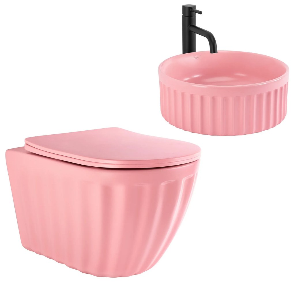 Комплект: Стенна тоалетна чиния + Мивка за плот Rea Light Pink Matt