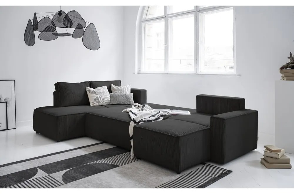 Антрацитен разтегателен ъглов диван от рипсено кадифе (ляв ъгъл/"U" форма) Brave Dave – Miuform