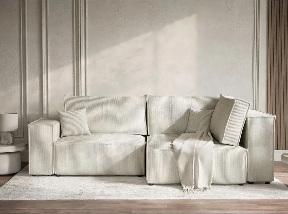 Кремав сгъваем/с място за съхранение ъглов диван от рипсено кадифе (десен ъгъл/L форма) Tonga – Maison de Rêve