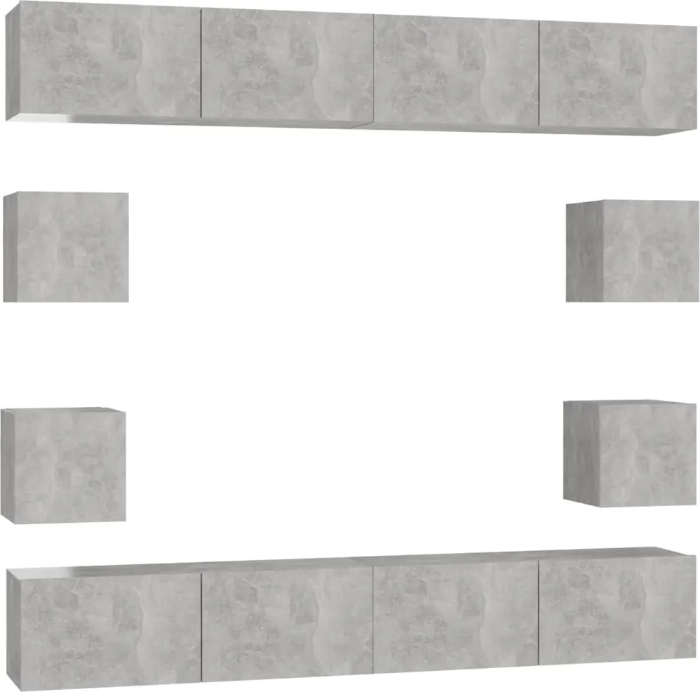 3079069 vidaXL Комплект ТВ шкафове от 8 части, бетонно сиви, инженерно дърво