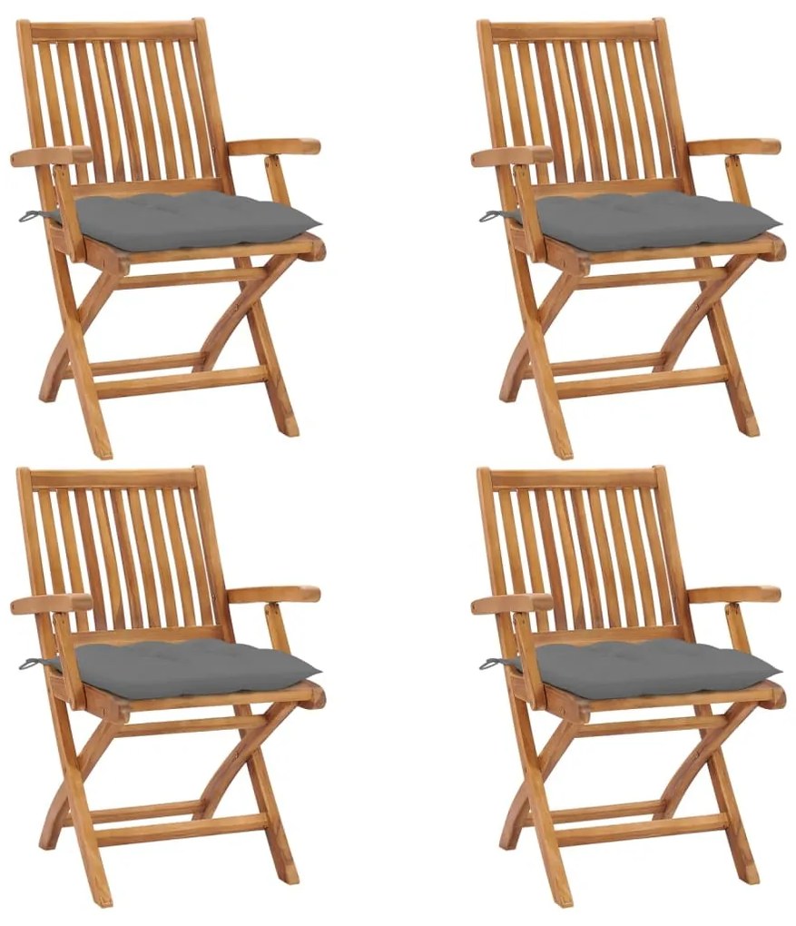 3072739 vidaXL Сгъваеми градински столове с възглавници, 4 бр, тик масив
