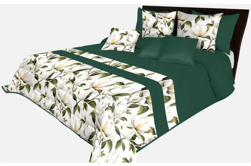 Покривка за легло в изумрудено зелено с цветя от магнолия Ширина: 200 см | Дължина: 220 см