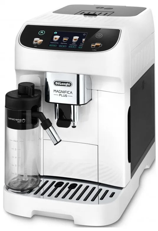 Кафеавтомат DeLonghi Magnifica PLUS ECAM 320.60.W, 1450W, 15 bar, 1.8l, 15 програми, 13 нива на смилане, TFT тъчскрийн, LatteCrema Hot, Опция за кафе на зърна, Бял