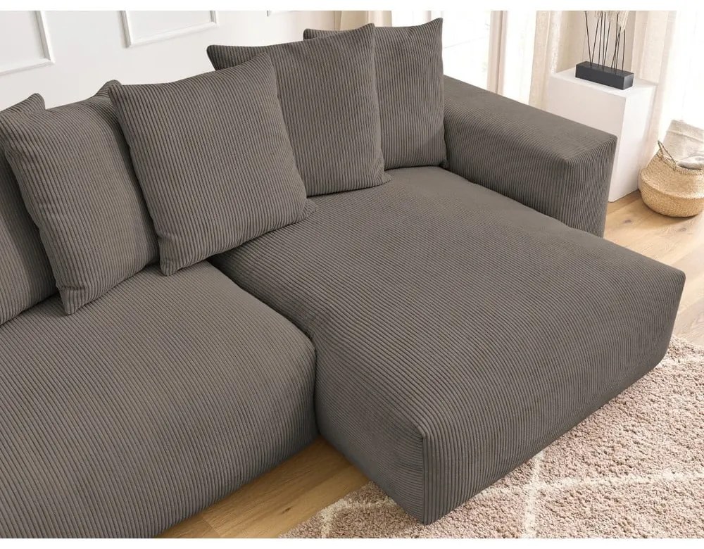 Кафяво-сив сгъваем/с място за съхранение ъглов диван от рипсено кадифе Voltaire – Bobochic Paris