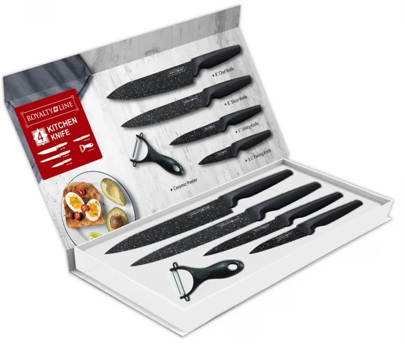 Комплект ножове в магнитна кутия Royalty Line RL-MB4, 5 части, Белачка, Мраморно покритие, Черен
