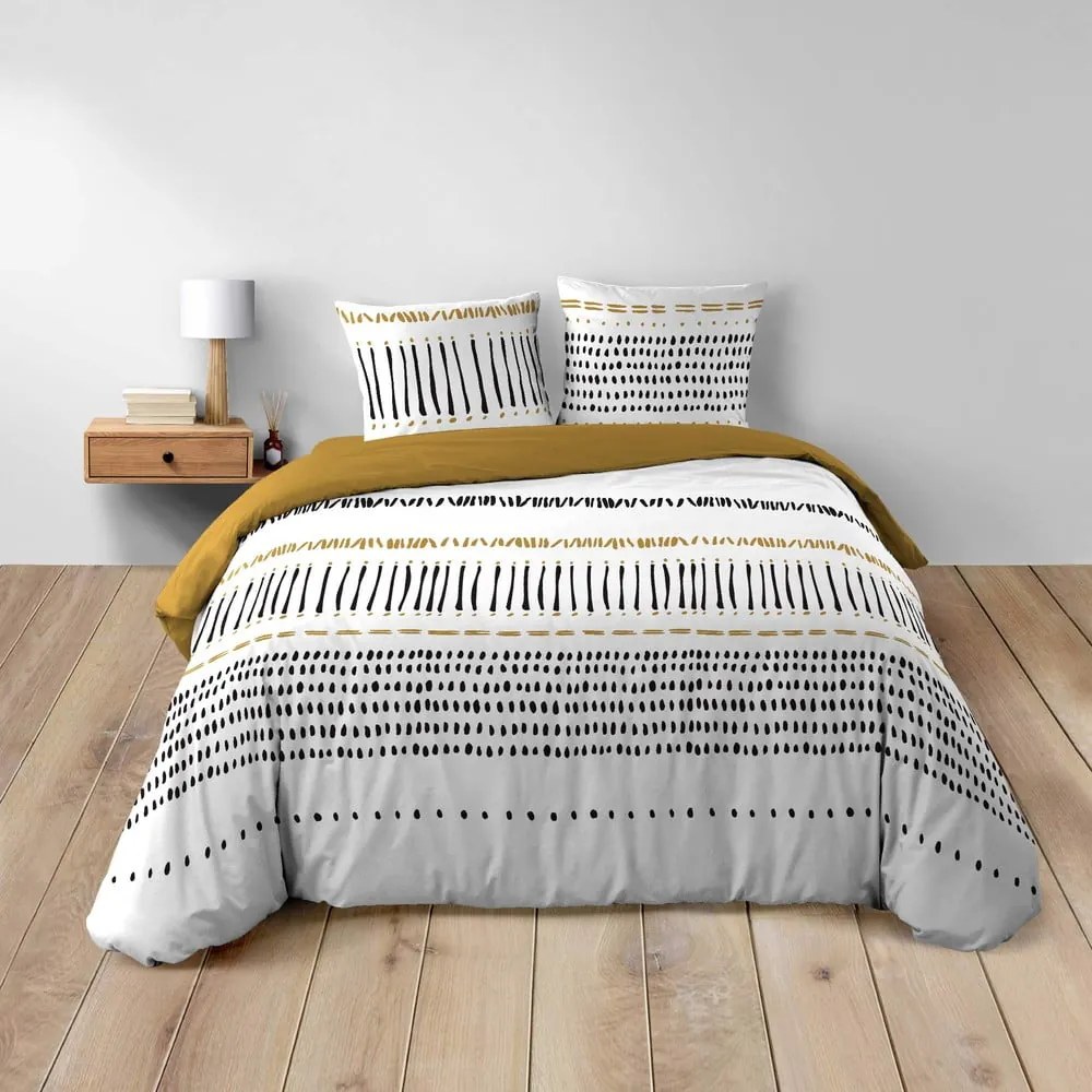 Двойно удължено памучно спално бельо в цвят горчица/бяло 240x220 cm Chicago – douceur d'intérieur